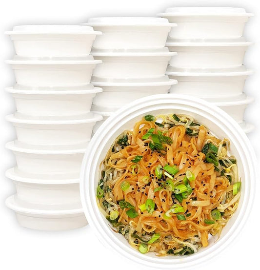 MULMEHË Plastic Food Storage Take-Out Container and Lid Combo, 24 oz, Microwaveable, Round, White, 7x1.5”, Set of 150 by MULMEH%C3%8B%C2%AE