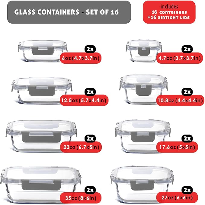 EATEX 32pc Glass Storage Containers with Lids, 16 Glass Food Storage Containers with 16 Airtight Lids for Pantry & Kitchen, Meal Prep Containers for Lunch, Oven Freezer Microwave & Dishwasher Safe - Image 2