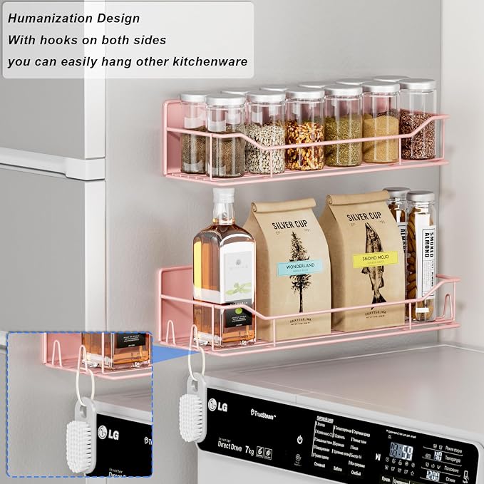 Magnetic Spice Rack for Refrigerator,8 Pack Magnetic Fridge Shelf, Moveable Spice Organizer with Hook Rack, Paper Towel Holder, Utensil Holder,cup lid holder, Super Magnetic Rack Set (Pink) - Image 4