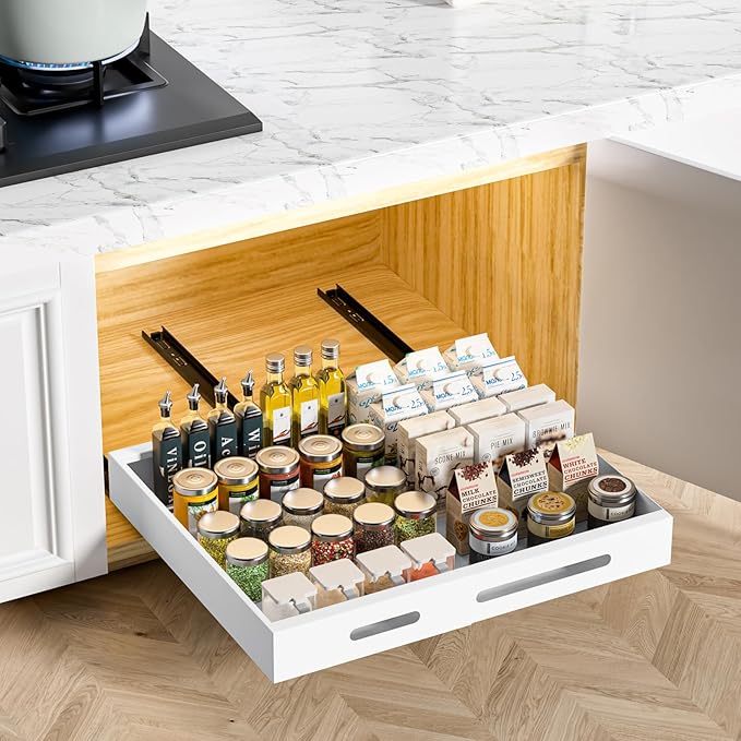 HBL' 1 Pack | 21" Deep Pull Out Cabinet Organizer Adhesive, (13.8" to 22.0") Width Expandable Sturdy Carbon Steel Roll-Out Drawers, Designed for Frameless Cabinets, Slide-Out Shelves for Pantry. by HBL