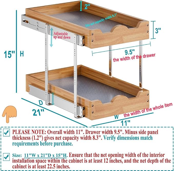 OCG 2 Tier Pull Out Drawers For Cabinets, Double Tier Slide out Wood Cabinet Organizer, Pull Out Shelves for Base Cabinet Organization in Kitchen, Pantry, Bathroom - Image 2