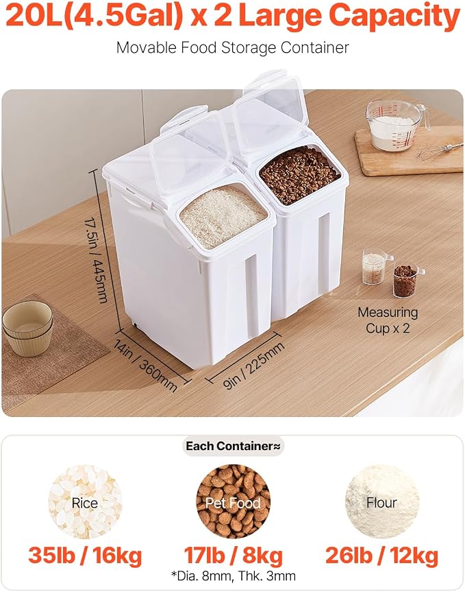 VEVOR Rice Storage Container, 4.5Gallon/20L x2 Capacity Large Dog Food Dispenser Bin, Kitchen Ingredient Grain Cereal Flour Bin, Pet food Containers with Wheels, 2 Measuring Cups, Airtight Lid, 2 Pack - Image 2