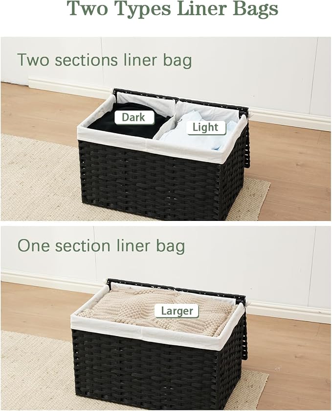 SETVSON Storage Basket with Lid PE Rattan Woven Storage Bins, 65L Black | 65L Storage Bin with 2 Separate Lids, 2 Removable Liner Bags with Divider, Sturdy Metal Frame, Foldable Side Handles - Image 6