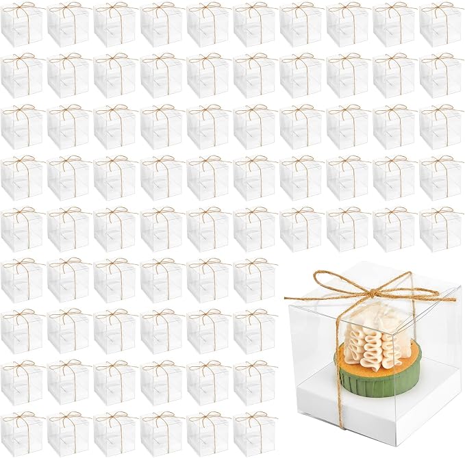 96 Pieces Individual Cupcake Boxes Single Cupcake Container Clear Cupcake Carrier Plastic Cupcake Storage Cupcake Holder with Ribbon and Insert for Wedding Birthday Party Favor, 3.5 x 3.5 x 3.5(White) by Tuanse
