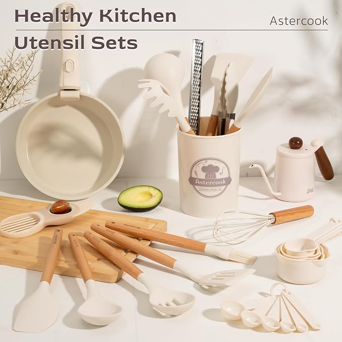 Astercook Kitchen Utensils set, 39 PCS Silicone Cooking Utensils Set with Wooden Handle, 446°F Heat Resistant Food Grade Utensil Sets, BPA Free Kitchen Gadgets Tools Set for Nonstick Cookware (Cream) - Image 3