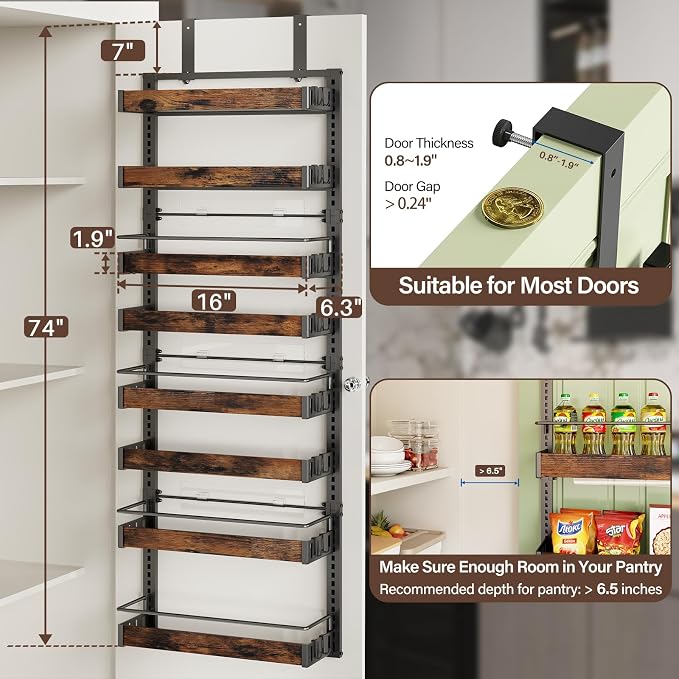 8 Tier Over The Door Pantry Organizer, 2 IN 1 Wall Mount or Metal Hanging Spice Rack for Pantry Organizers and Storage, Seasoning Shelves，Adjustable Basket with Hooks for Kitchen Cabinet and Closet - Image 2