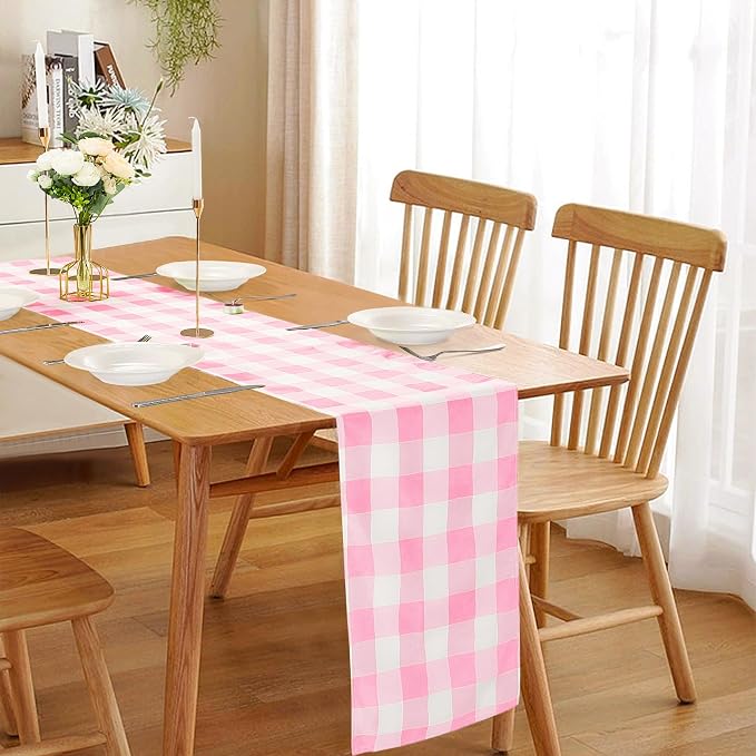 Cupuamon Fabric Checkered Table Runner 1 Pack Waterproof Gingham Table Runner 14W x 108L Buffalo Check Table Runners for Parties Kitchen Dining Wedding Banquet (Pink and White) - Image 6