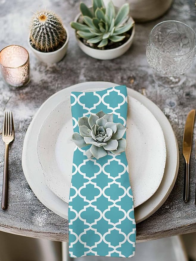 Cloth Napkins Set of 2-20x20 Inches, Turquoise Morocco Washable Reusable Table Napkins, Boho Ethnic Traditional Geometric Soft & Absortbent Dining Napkin for Party Wedding Hotel Restaurant - Image 3