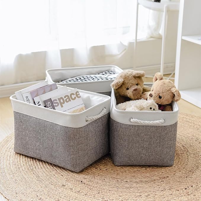 Organization and Storage Basket for Organizing - 3 Pack 16x12x12 inch Cube Storage Bin Fabric Storage Cubes for Organizer Cloth Gift Toy Closet (White & Grey) - Image 4
