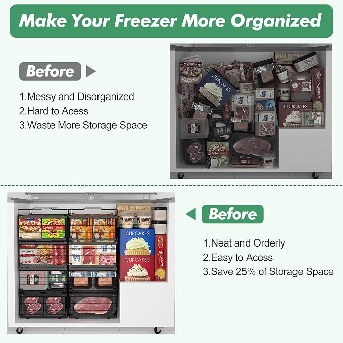 ADRIMER Freezer Organizer Bins, 2 Packs Foldable & Stackable Chest Freezer Organizer Bins with Adjustable Length 11-17.3", Metal Wire Storage Baskets for Upright Freezer, Deep Freezer, Pantry, Black - Image 2