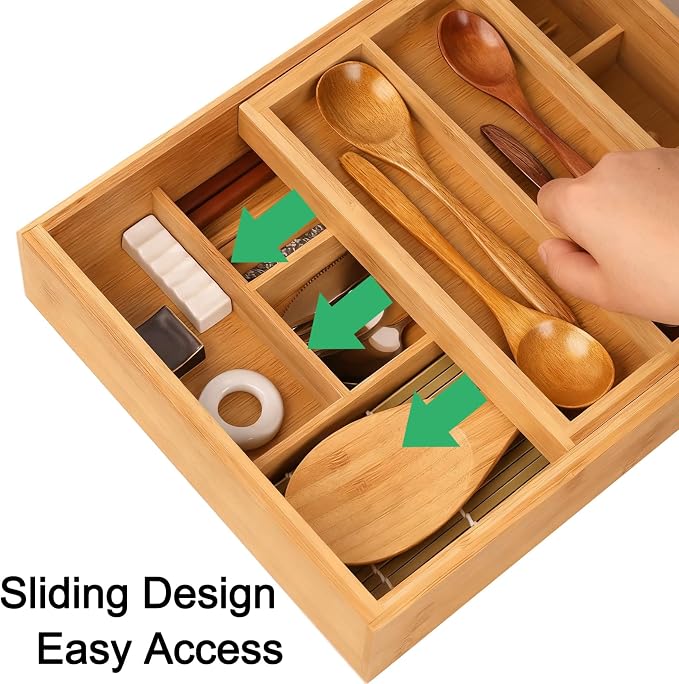 2-Tier Drawer Organizer with Removable Cutlery Tray Kitchen Utensil Silverware Drawer Organizer, Silverware Tray for Drawer Utensil Holder Bamboo Flatware Box for Utensils Stationery Cosmetics (M) - Image 3