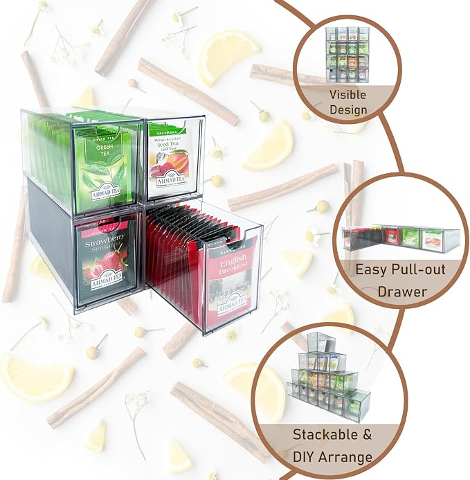 AZEZO 4-Pack Tea Bag Drawers Organizer - 4 Clear Plastic Drawer Tea Bag Holder; Stackable & Portable; Wider Size; Well-Organized Storage for Tea Bags & Kitchen Essentials - Image 4