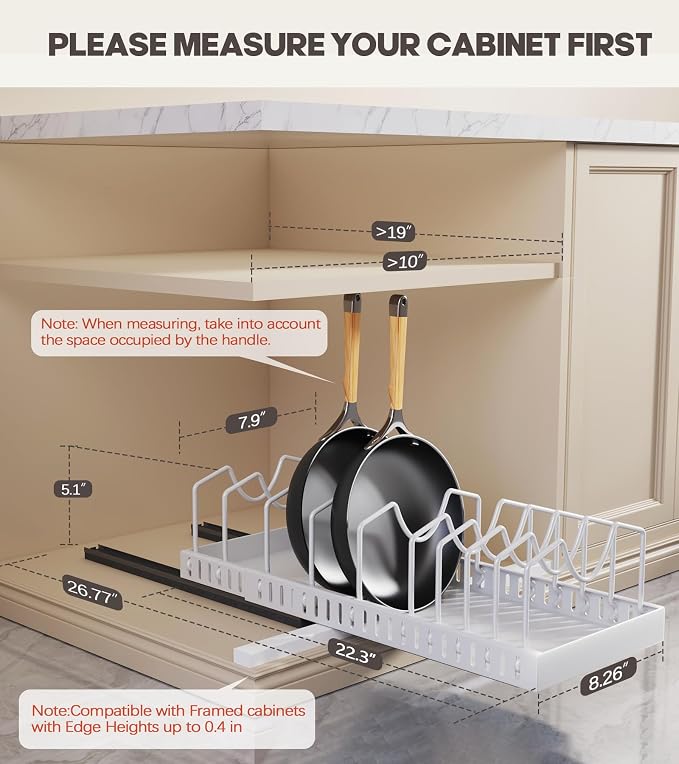 Pull Out Pots and Pans Organizer Under Cabinet, Expandable Sliding Lid Holder and Pan Rack for Kitchen, Slide Out inside Cabinet for Pot Lid, Bakeware, Dishes, 10 Adjustable Dividers, 2 Pack White - Image 2