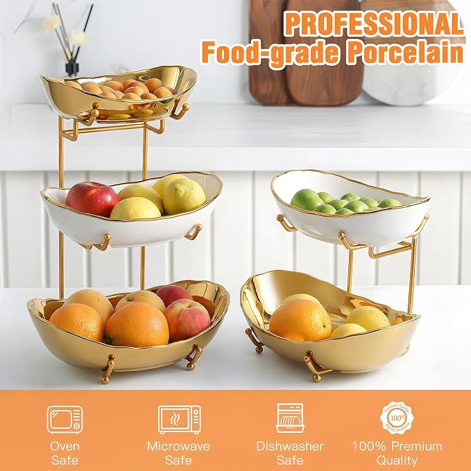 Ceramic Fruit Bowl for Kitchen Counter - 3 Tier Fruit Basket with Metal Stand, Tiered Fruit Stand for Countertop, Snack, Nuts, Cake, Dessert, Small & Cute (Gold & White,Small) 2 - Image 6