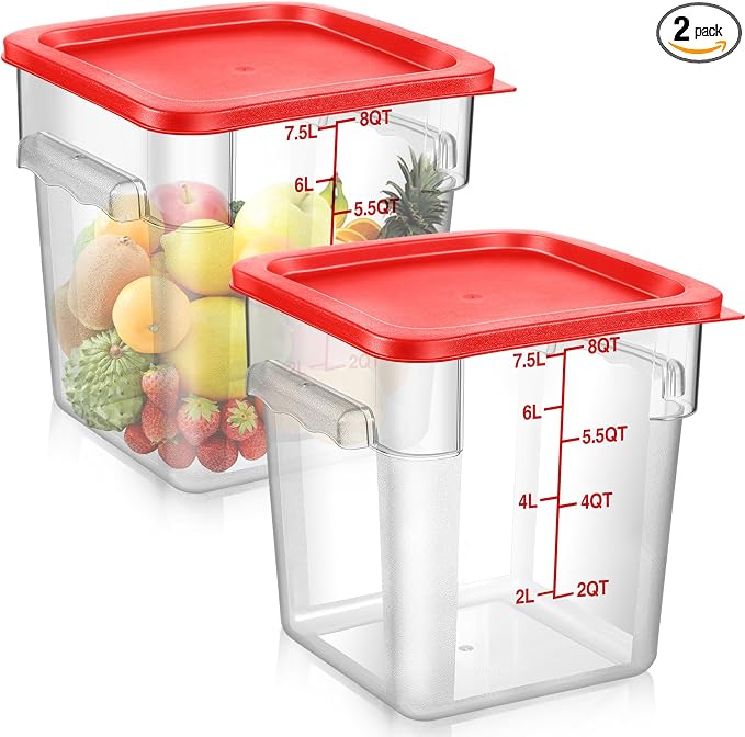 2 Pcs Square Food Storage Container Polycarbonate Clear Food Container with Lid Commercial Rice Storage with Graduations for Commercial Kitchen(8 Qt,Red) by Suclain