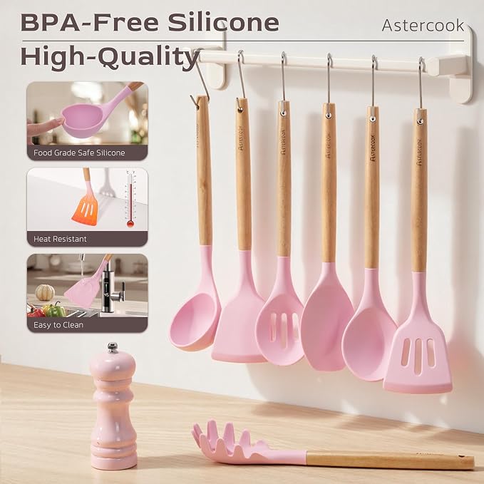 Astercook Kitchen Utensils set, 39 PCS Silicone Cooking Utensils Set with Wooden Handle, 446°F Heat Resistant Food Grade Utensil Sets, BPA Free Kitchen Gadgets Tools Set for Nonstick Cookware (Pink) - Image 7