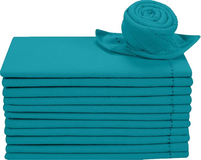 Bedding Craft Cotton Cloth Dinner Napkins Set of 12 – 18x18 Teal Hemstitched with Decorative Selvedge Holes & Mitered Corners – Reusable Machine Washable Fabric Napkins for Weddings & Dining - Image 4