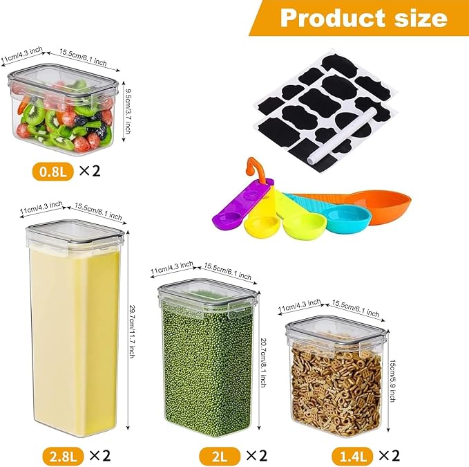 8pc Clear Airtight Canisters with Lids, Kitchen Dry Pantry Storage | 8pk clear airtight containers lock moisture out. Stackable plastic organizers for all your kitchen pantry dry foods - Image 2