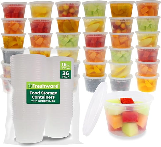 Freshware Food Storage Containers [36 Set] 16 oz Plastic Deli Containers with Lids,Slime,Soup,Meal Prep-Containers | BPA Free | Stackable-| Leakproof-| Microwave/Dishwasher/Freezer Safe,(Pack of 10) by Freshware