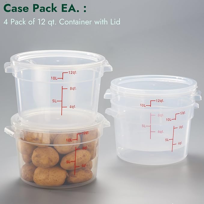 12 Quart Translucent Round Food Storage Container with Lid, Pack of 4 – NSF Listed, BPA-Free, Commercial-Grade Polypropylene, Freezer & Dishwasher Safe, Non-Stick, Easy-Read Graduations - Image 3
