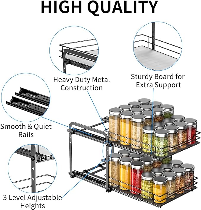 RCHYFEED 2 Tier Pull Out Spice Rack Organizer for Cabinet,9.5" Wx10.5Dx9.5H | Height Adjustable Spicy Shelf Metal Sliding Out Spice Rack Heavy Duty Vertical Spice Shelf for Inside Cabinets & Pantry - Image 3