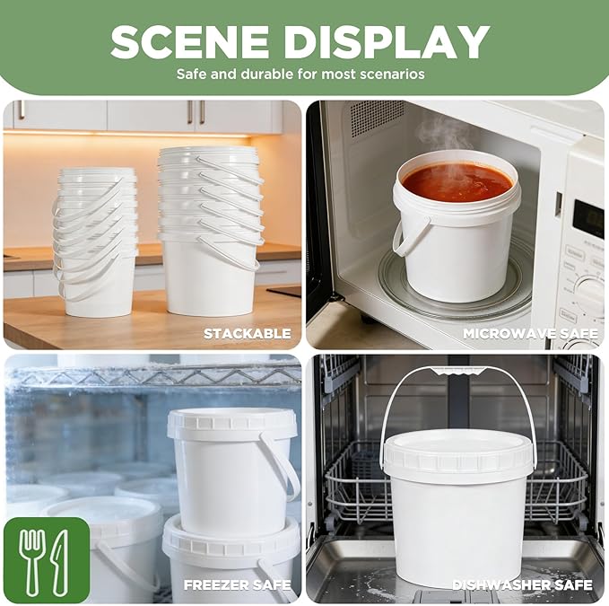 4 Pack 64oz Plastic Buckets with Screw Lids & Handle, Food Grade Storage Containers for Kitchen, Freezer - Reusable White Plastic Bucket Set - Image 7