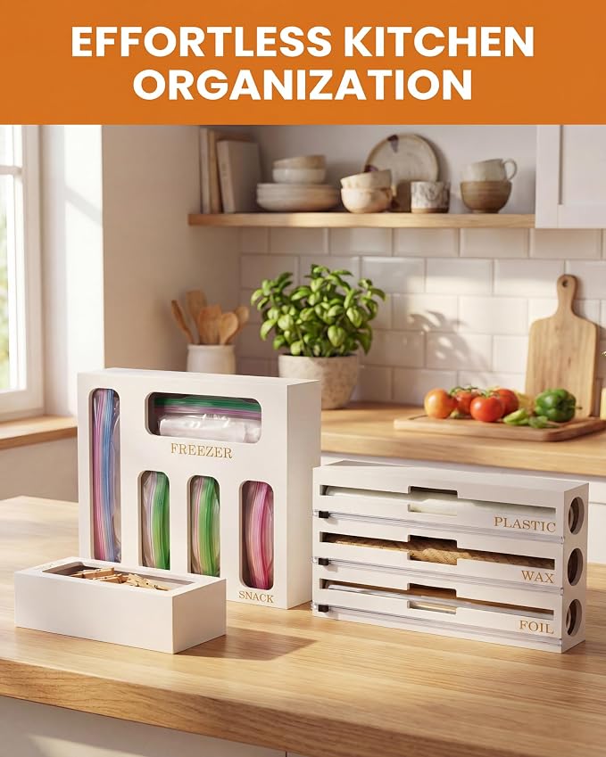 Bamboo Foil and Plastic Wrap Organizer for Kitchen Drawer, 9 in 1 Plastic Bag Organizer Organization and Storage, Food Storage Bag Organizer with Labels for Quart Gallon Snack (White) - Image 3