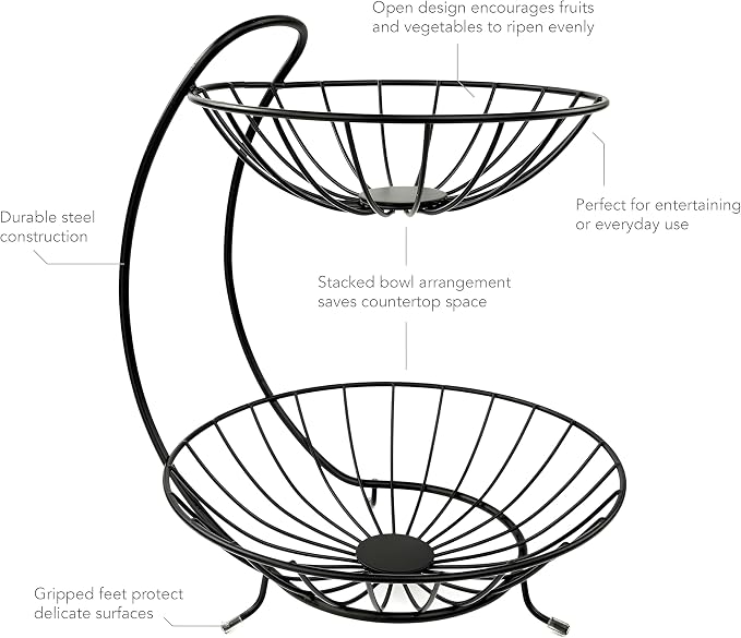 2-TierFruit & Vegetable Basket for Dining Table, Centre Table I Metal Fruit Bowl or Bread Basket Vegetables Storage Organizer Holder I Multi-Purpose Basket for Kitchen & Home, Black - Image 6