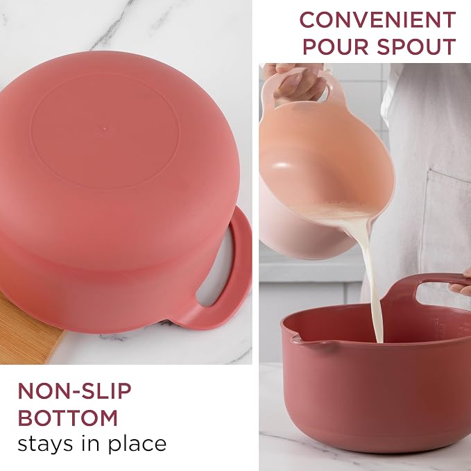 COOK WITH COLOR Nesting Plastic Mixing Bowl Set with Pour Spouts and Handles, Rose, 6 Piece Non-Slip - Image 2