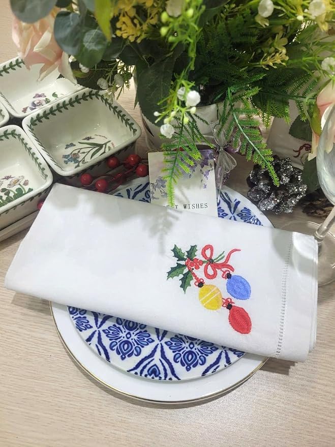 – Embroidered Cloth Napkin Balloons & Holly Christmas Cotton Napkins Set of 6, 20 x 20”, Hemstitch Table Napkins, Machine Washable, Daily & Holidays, Great Gift Ideas - Image 6