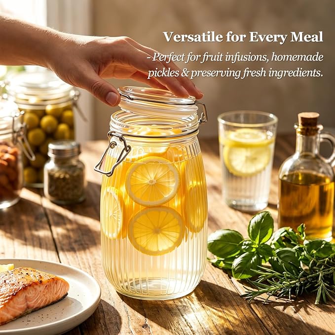 ComSaf Large Ribbed Glass Jars with Airtight Lids 51 oz 3 Pack Wide Mouth | Flour sugar coffee beans, Fermenting pickling, Farmhouse pantry decor, Countertop decor, Large capacity, Vintage Canisters - Image 5