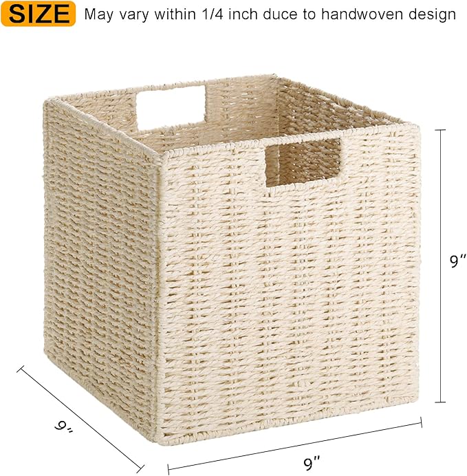 Wicker Storage Basket, Set of 2 Hand-Woven Storage Baskets for Shelves with Handles, Foldable Cube Storage Baskets Bins Organizer, 9 inch Wicker Baskets for Pantry Bedroom Decor, Beige - Image 2