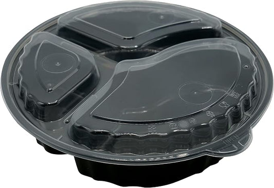 33oz 3 Compartment Round Meal Prep Containers with Lids Black, Reusable Bento Box, Food Storage Containers | BPA Free | Stackable | Lunch Boxes, Microwave/Dishwasher/Freezer Safe (100) by EcoQuality