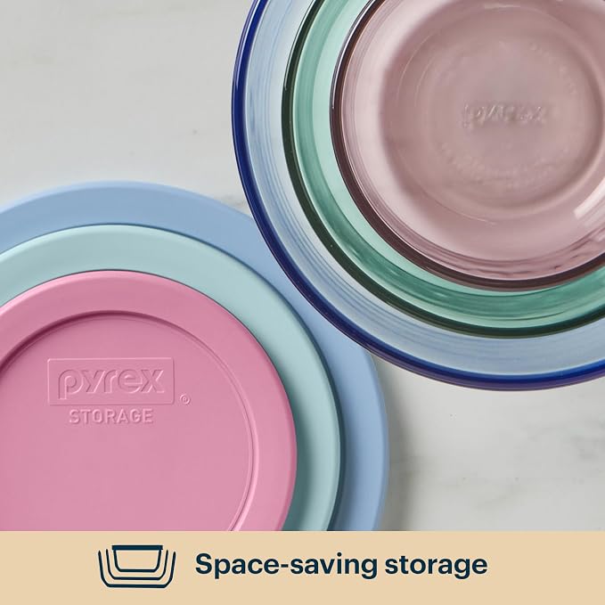 Pyrex Colors (3-Pack, Medium) Tinted Glass Round Food Storage Container Set, Snug Fit Non-Toxic Plastic BPA-Free Lids, Freezer Dishwasher Microwave Safe, 2 Cup, 4 Cup & 7 Cup - Image 4