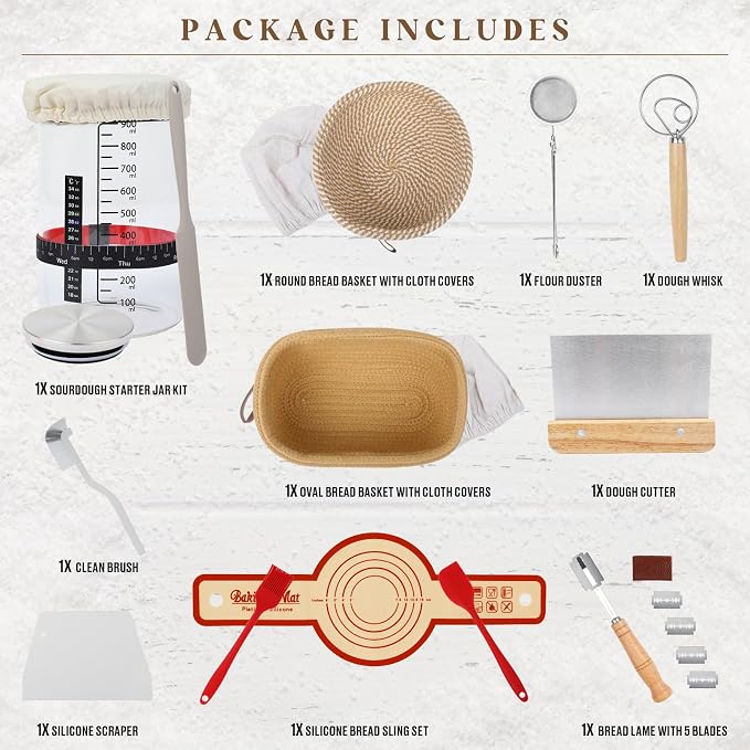 Sourdough Bread Baking Supplies, 23P Sourdough Starter Kit,30oz Sourdough Starter Jar Kit, Cotton Rope Banneton Bread Proofing Basket with Bread Lame, Scraper, Dough Whisk, Gifts for Bakers Women - Image 2