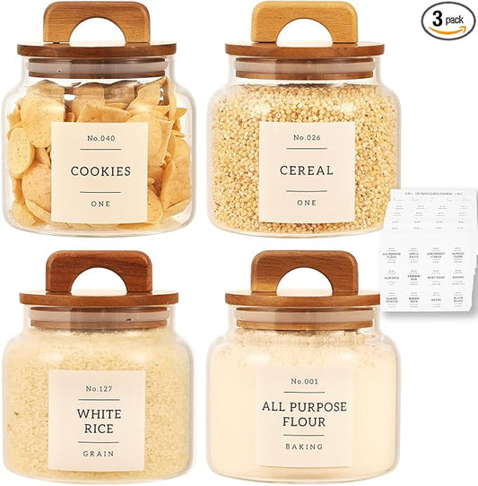 4 Pack Glass Pantry Storage Containers with 132 Pantry Labels - 37 FL OZ Kitchen Glass Canisters with Bamboo Airtight Lids - Farmhouse Glass Pantry Jars for Cookie, Rice, Pasta, Cereal, Bath Salt by CZDYSM