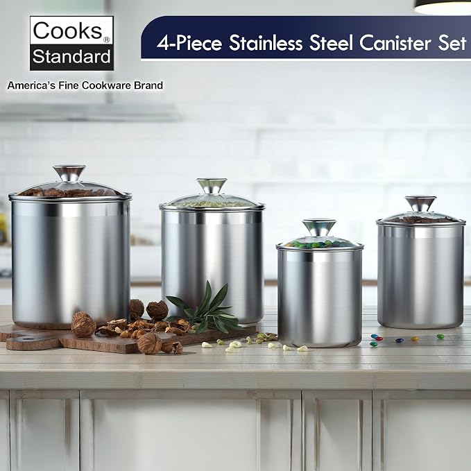 Cooks Standard Airtight Kitchen Canister Set for Coffee, Flour & Sugar Storage – Stainless Steel Food Storage Containers with Glass Lid – Pantry Organization Jars, 4 Pack - Image 8