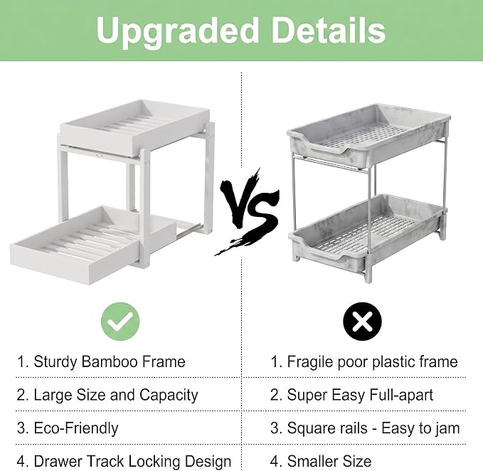 MHXW SXPN Bamboo Under Sink Organizer, 2 Pack Pull Out Cabinet Organizer | 2 Tier Vertical Smooth Slide Out Undersink Storage Shelf | Multi-Purpose Organizer Shelves for Kitchen Bathroom Medicine - Image 6
