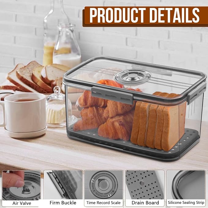 Gifhomfix Bread Box Bread Boxes for Kitchen Counter Airtight, Time Recording Bread Storage Container with Lid, Bread Keeper for Homemade Bread, Toast, Bagel, Donut and Cookies, LARGE Dark Grey - Image 3