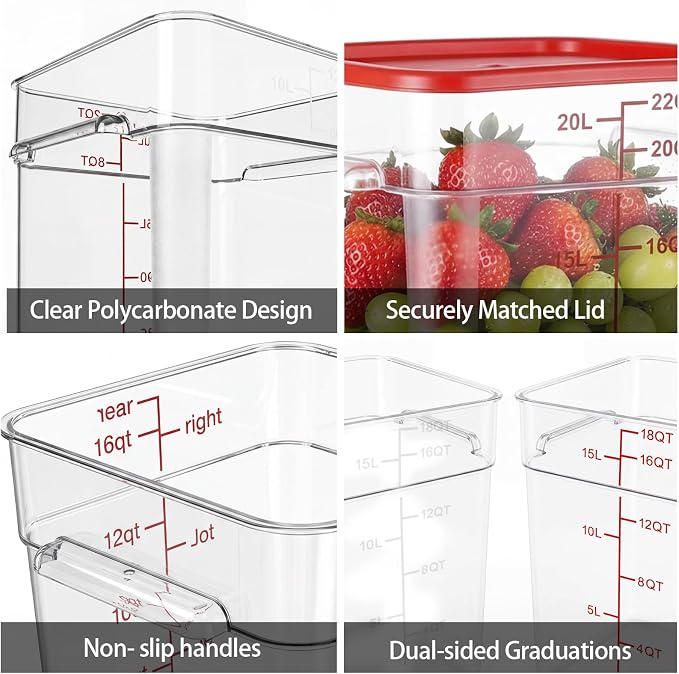 4 Pack Food Storage Containers with Red Lids, 12.0 Qt - Square, Clear, Polycarbonate, for Restaurant Commercial Kitchen and Home party - Image 6