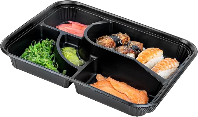 Restaurantware-Bento Tek 26.2 Ounce Meal Prep Containers, 50 Disposable To Go Food Boxes - Lids Sold Separately, 5 Compartments, Black Plastic Bento Lunch Boxes, Microwavable, Freezable - Image 2