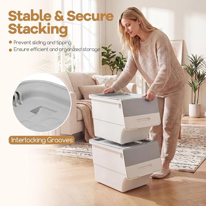 GIANTEX 3 Pack Plastic Stackable Storage Bins with Lids & Wheels, 35 QT | Open Front Stacking Bins, Organizer Bins for Pantry, Kitchen, Laundry, Closet, Playroom, Bedroom Organization - Image 4