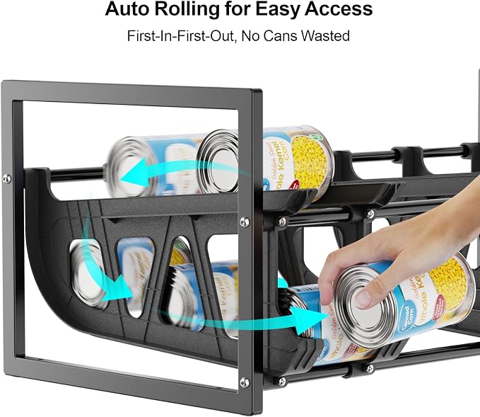 Can Organizer for Pantry - Auto-Rolling, Expands to Hold 60 Cans | Stackable For Walk-in Deep Pantry Shelve, Adjustable Width for Food Cans, Sturdy Metal Frame, Easy Access & Restocking, Black - Image 4