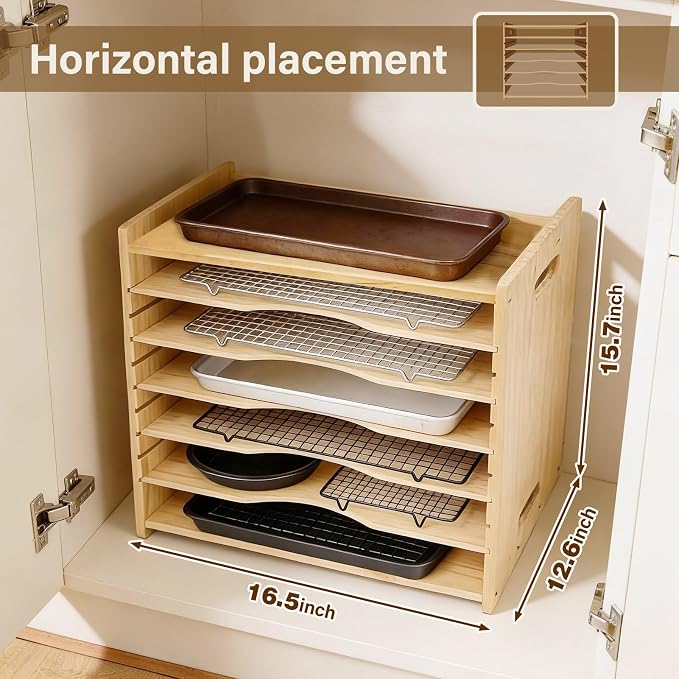 6 Tier Wooden Tray Dividers for Cabinets, Cookie Sheet Organizer 15.7" W x 16.5" H x 12.6" D Baking Sheets, Pans and Cutting Boards Organizer for Kitchen Cabinets or Countertop - Image 3