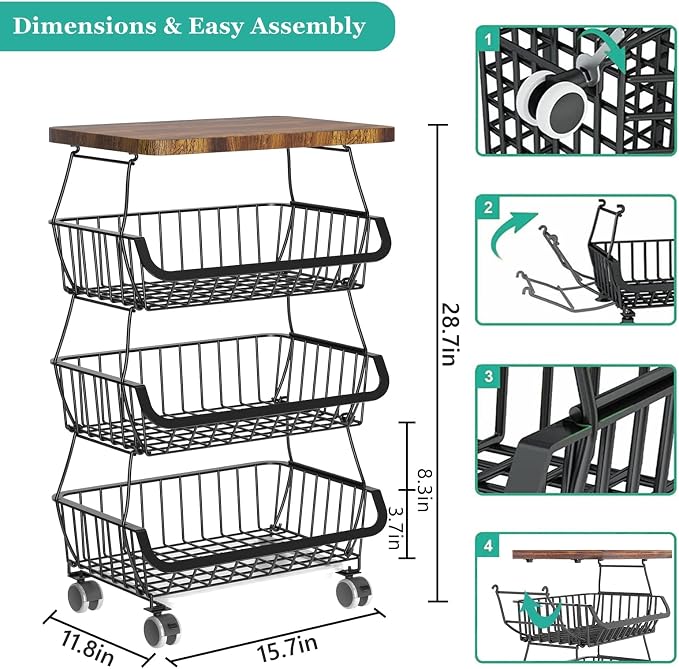 CHLORYARD Fruit Basket with Wooden Lid for Kitchen, 4-Tier Stackable Wire Fruit Vegetable Storage Basket Organizer Stand on Wheel, Produce Basket Potato Onion Storage Bins Rack Cart for Pantry - Image 6