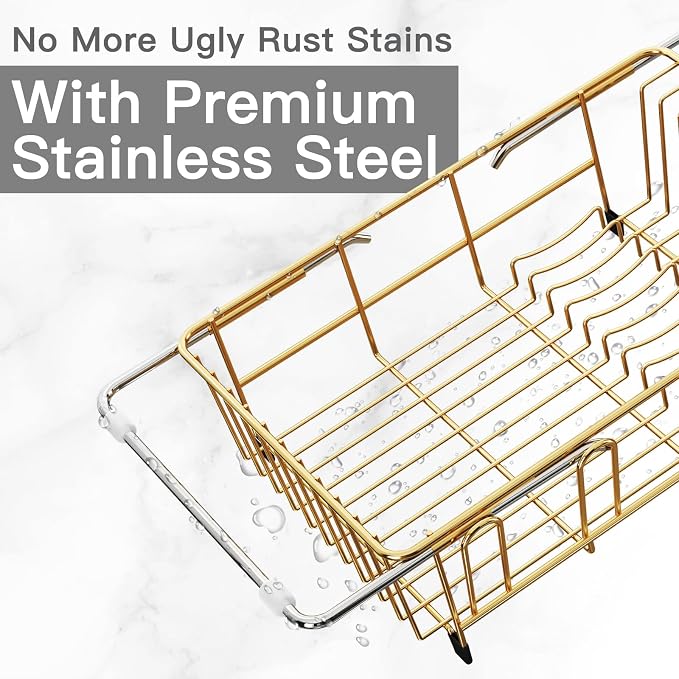 Gold Dish Drying Rack Over The Sink with Utensil Holder, Mat | Expandable Stainless Steel Dish Drainer for Small Kitchen, Apartment, RV, Counter Space Saving, Perfect Fit, Rustproof - Image 4