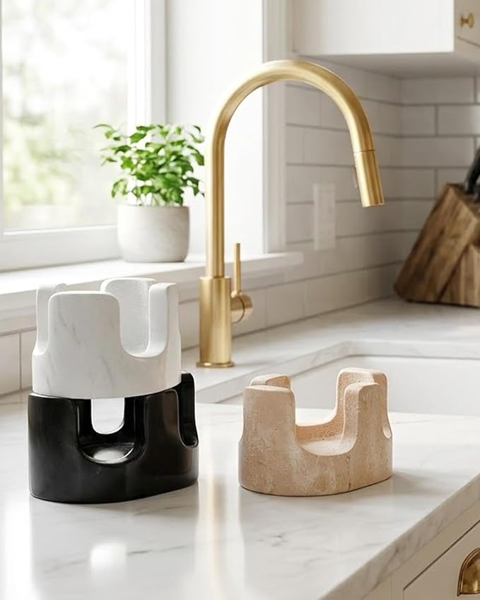 White Marble Sponge Holder for Kitchen Sink, Dual Slot Stone Caddy,Carrara White | 2-in-1 Natural Stone Sponge & Brush Holder, Raised Edge Helps Catch Water, Keeps Countertops Dry , Keeps Countertop Dry - Image 8