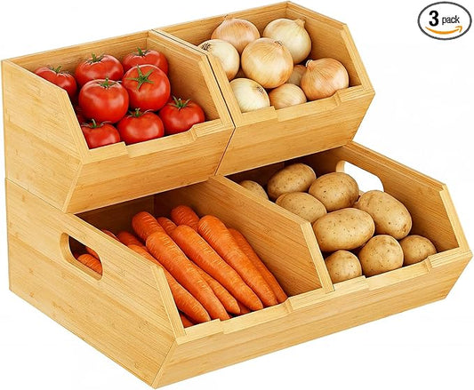 Bamboo Pantry Storage Bins Set, Potato and Onion Storage Bin for Countertop | Open Front Storage Bins, Large Capacity, Stackable Design, Cut-out Handles, FSC-certified Bamboo, No Assembly by BAMBITION