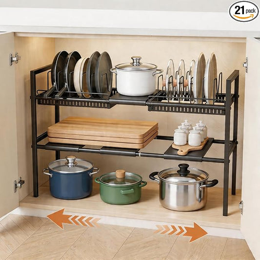 Pots and Pans Organizer Under Cabinet, Expandable Pots Organizers Inside Cabinet, Adjustable Height Under Sink Shelf 2 Tier with 10 Dividers Under Cabinet Shelf, Pot and Pan Lid Holder Rack (Black) by Unknown