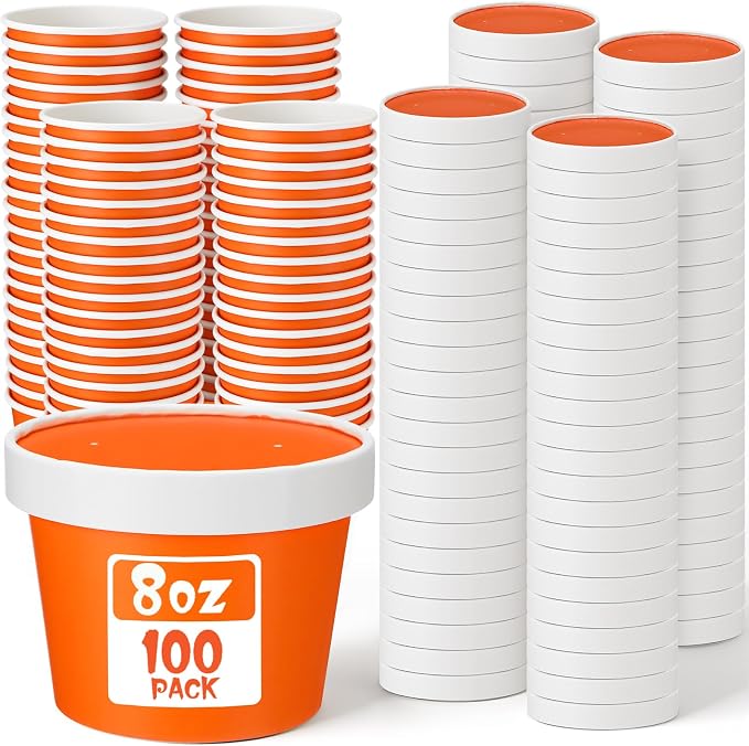 Fulmoon 100 Pack Paper Soup Containers with Lids Disposable Paper Food Containers with Vented Lid Kraft Ice Cream Cake Dessert Cups Soup Bowl for Party Hot Food Fruit Microwave(8 oz,Orange) by Fulmoon